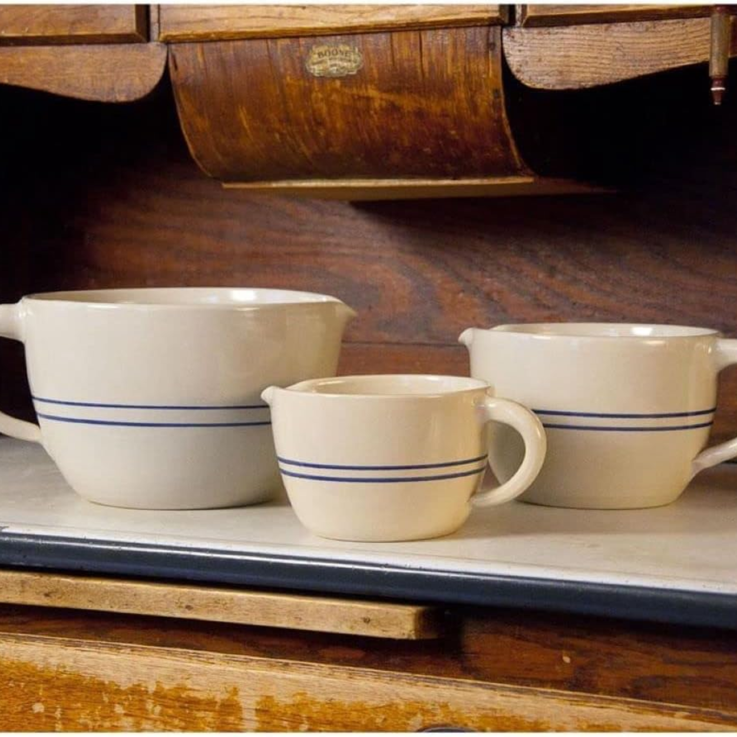 stoneware batter bowls with blue stripe - handmade in the USA